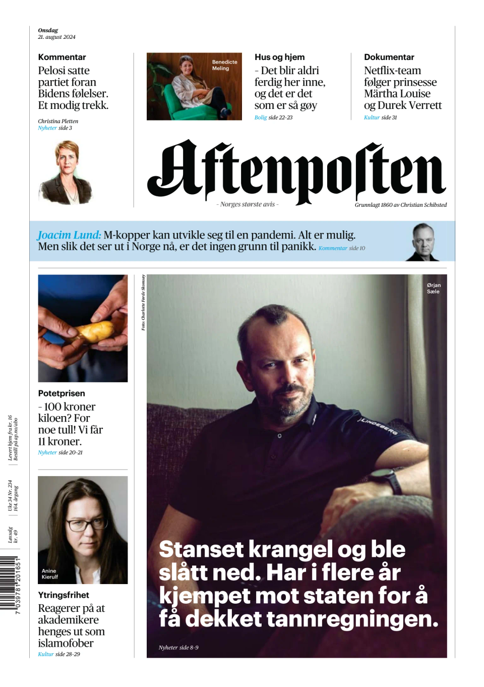 Prima-pagina-Aftenposten-oggi-edizione-di-oggi-20240821