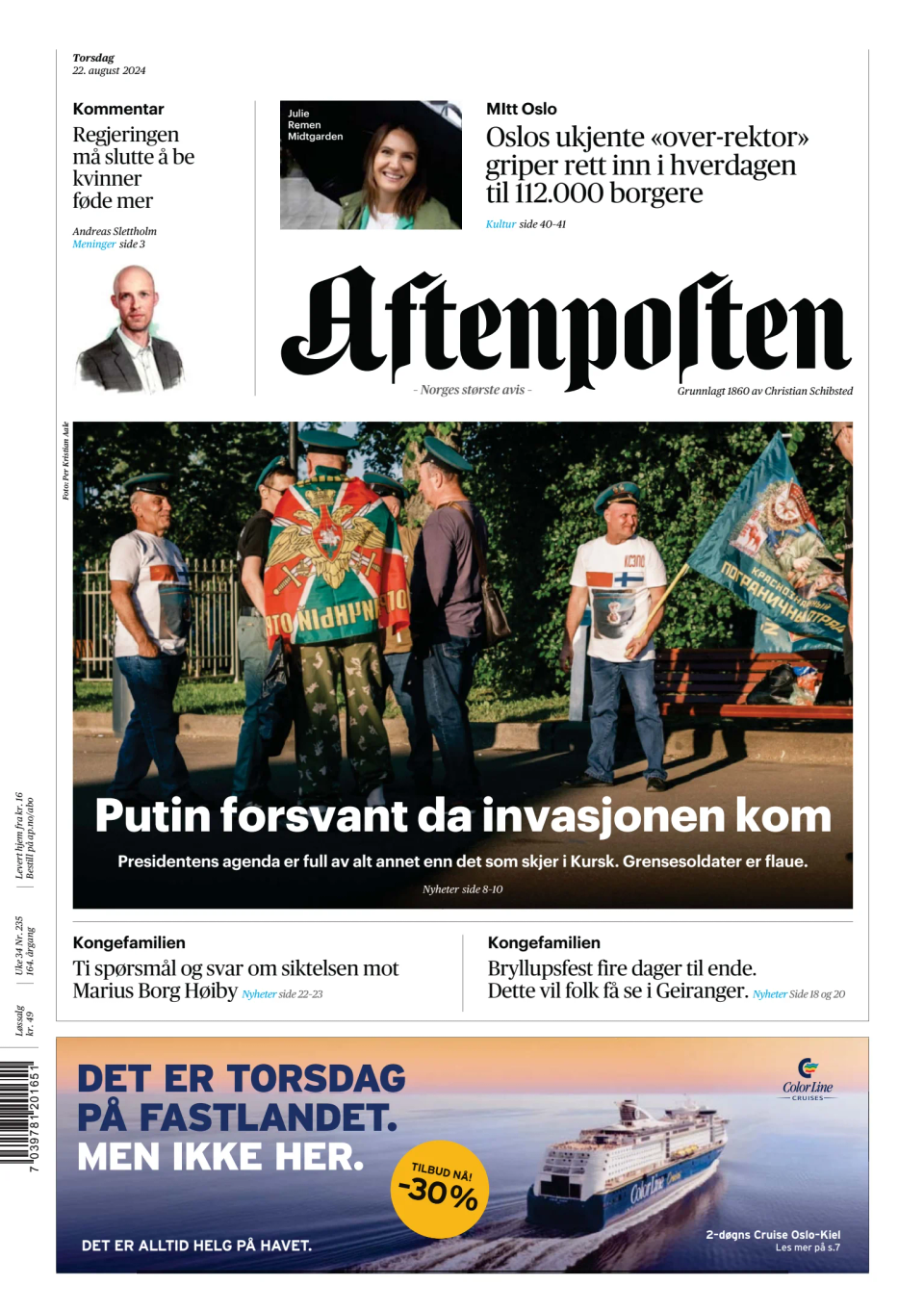 Prima-pagina-Aftenposten-oggi-edizione-di-oggi-20240822