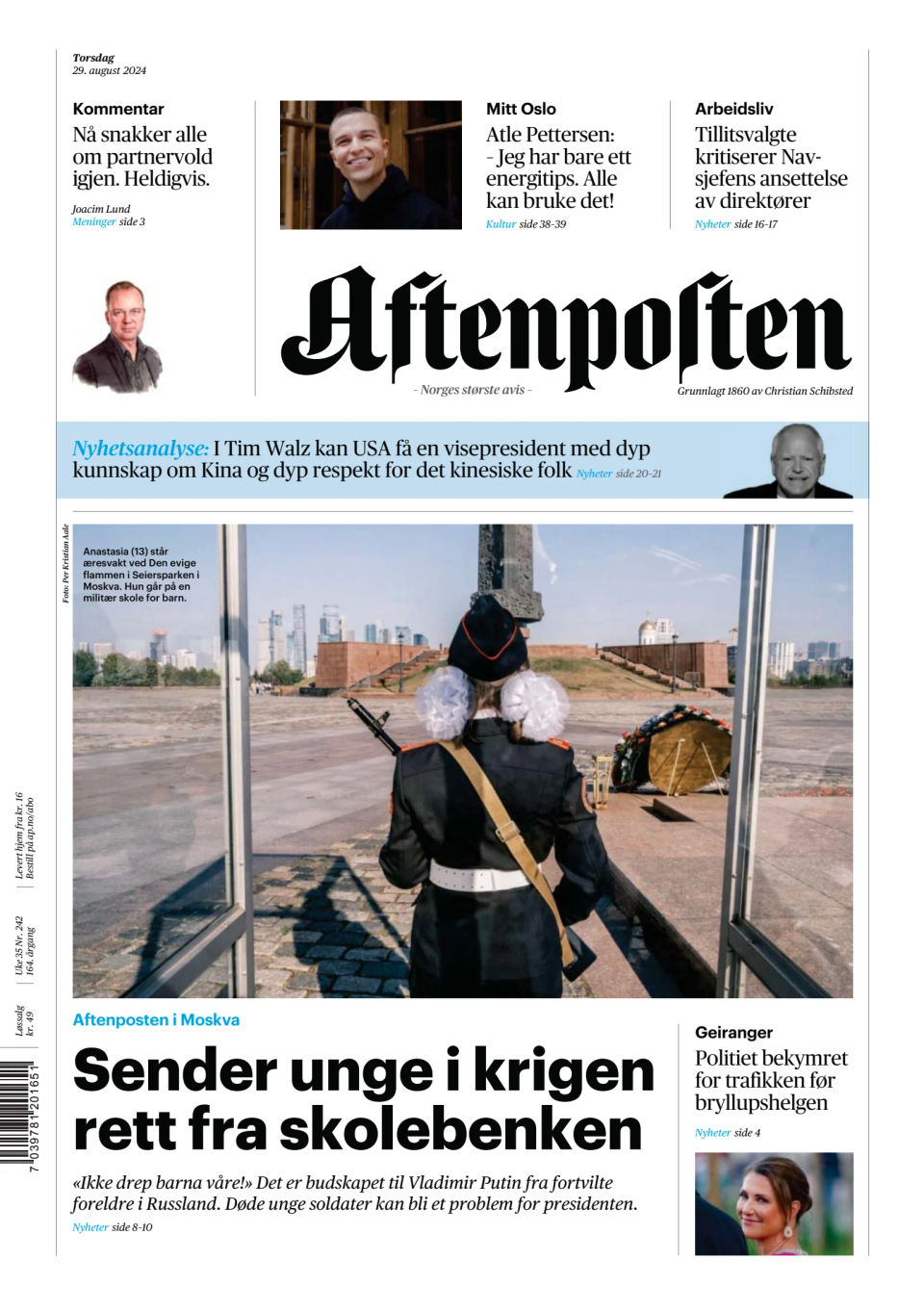 Prima-pagina-Aftenposten-oggi-edizione-di-oggi-20240829