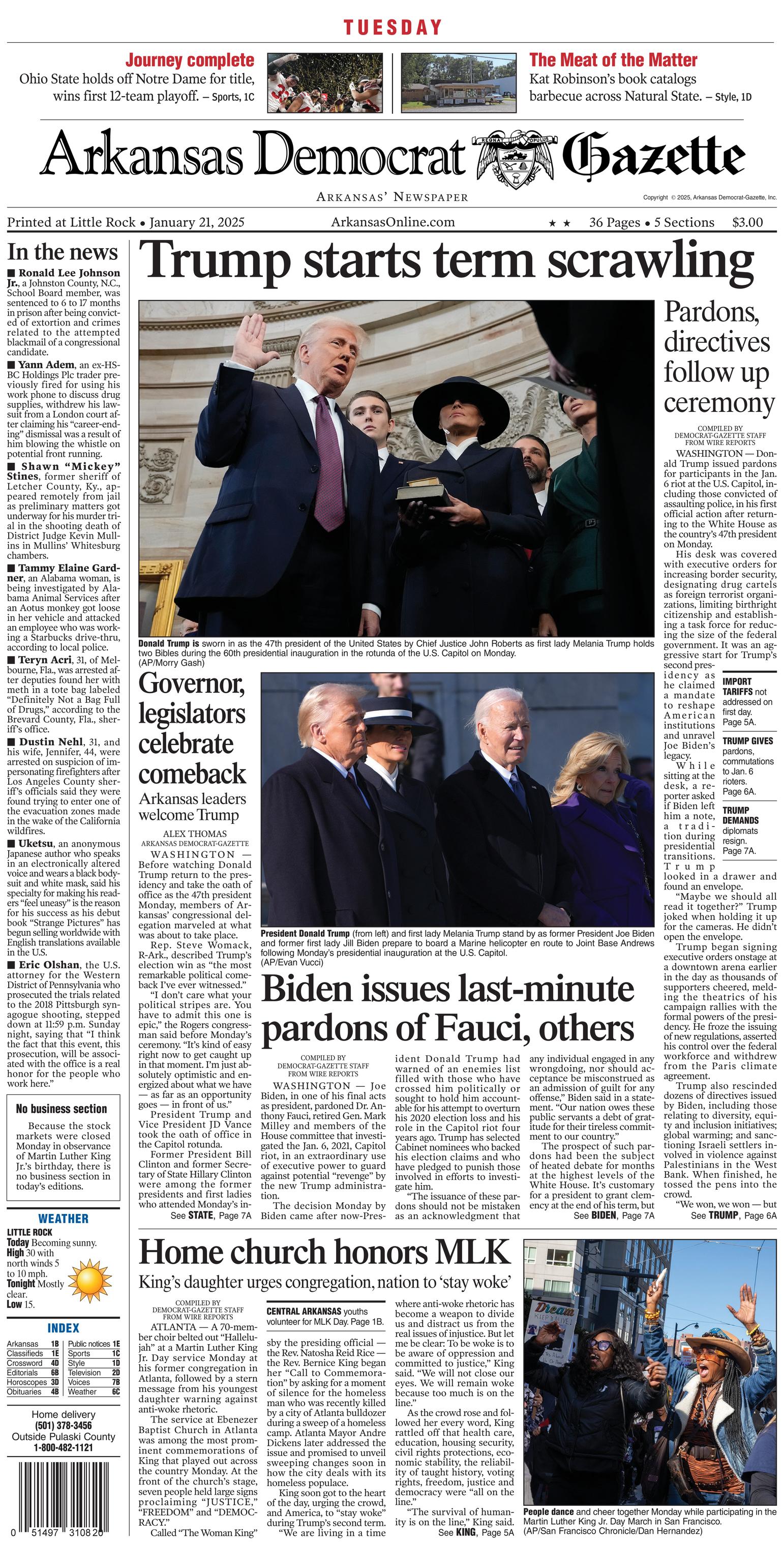 Prima-pagina-Arkansas-Democrat-Gazette-oggi-edizione-di-oggi-20250121