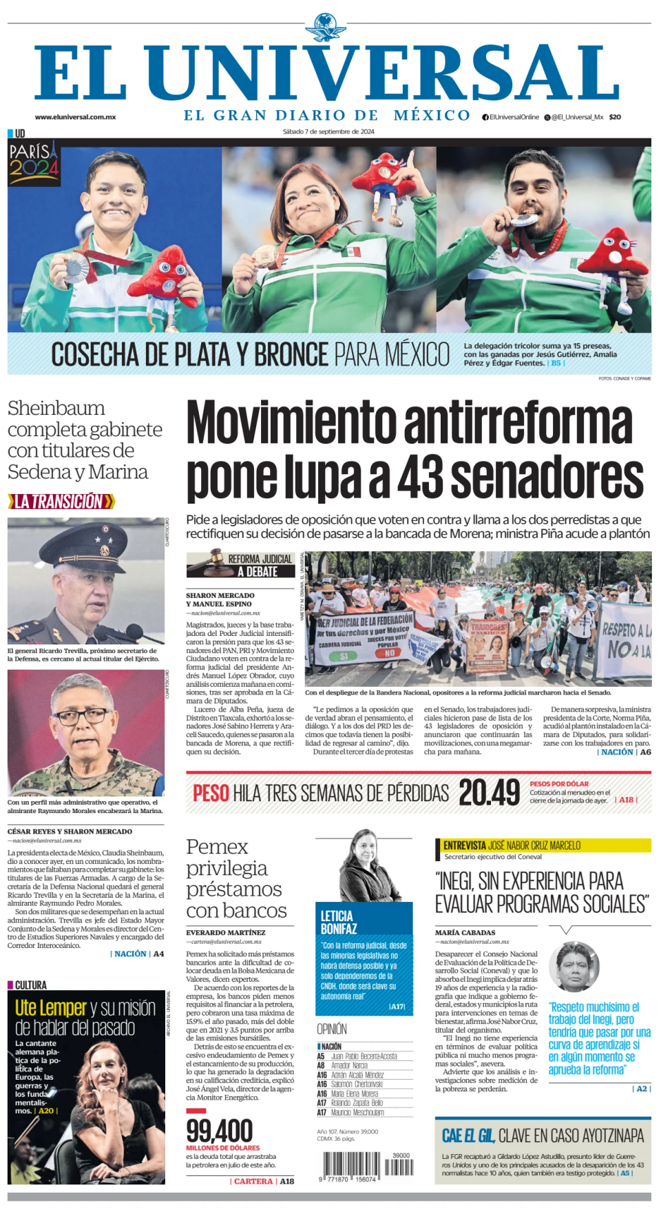 Prima-pagina-El-Universal-edizione-di-oggi-20240907