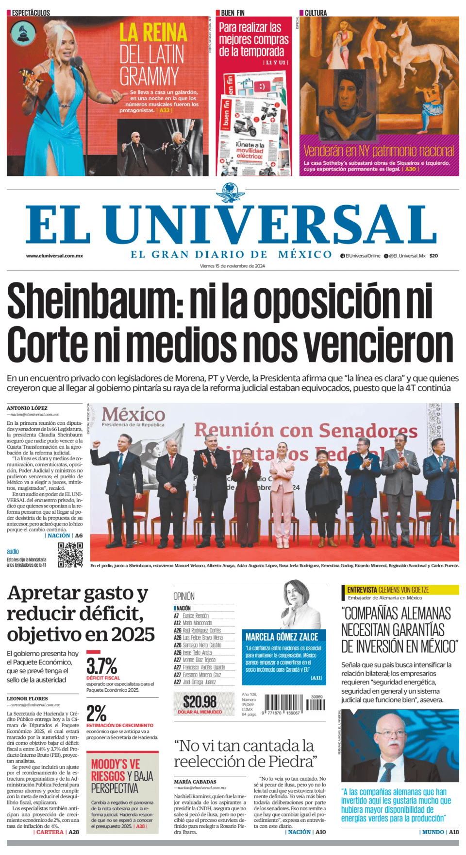 Prima-pagina-El-Universal-edizione-di-oggi-20241115