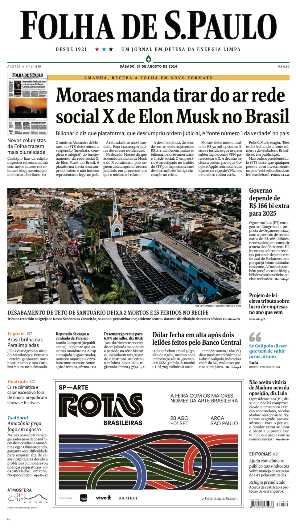 Prima-pagina-Folha-de-S-Paulo-oggi-edizione-di-oggi-20240831