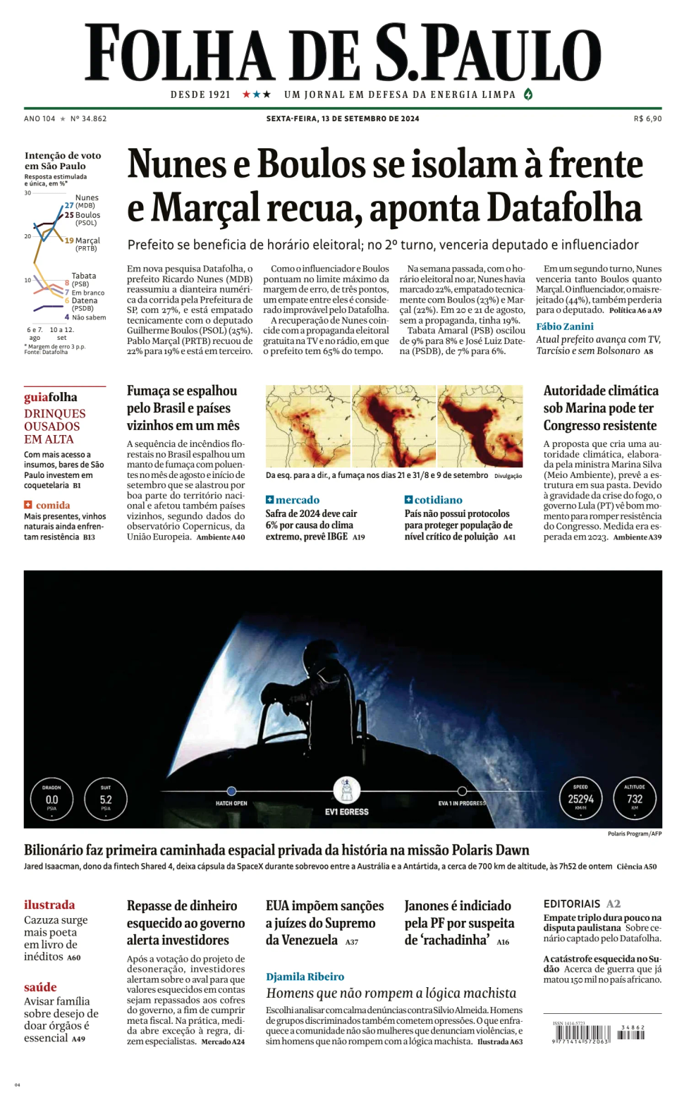 Prima-pagina-Folha-de-S-Paulo-oggi-edizione-di-oggi-20240913