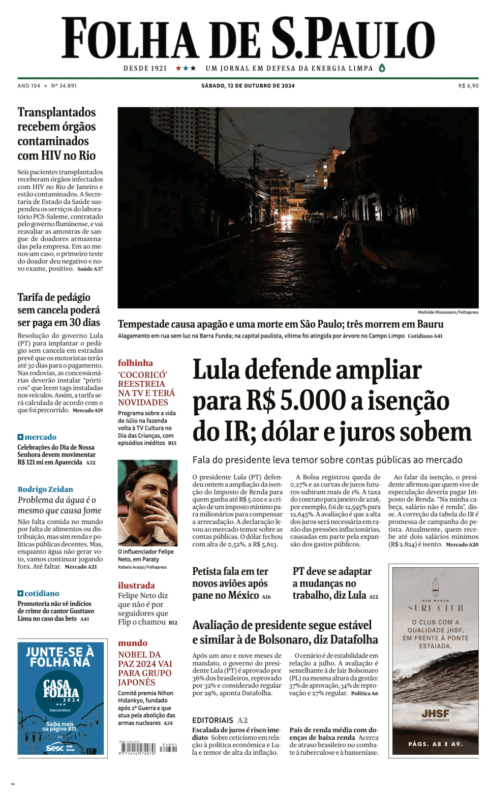 Prima-pagina-Folha-de-S-Paulo-oggi-edizione-di-oggi-20241012