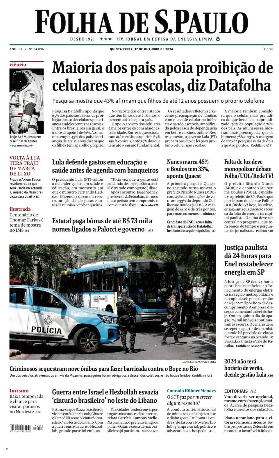 Prima-pagina-Folha-de-S-Paulo-oggi-edizione-di-oggi-20241017