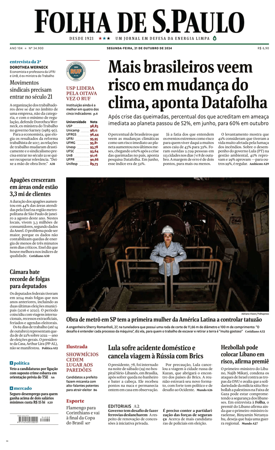 Prima-pagina-Folha-de-S-Paulo-oggi-edizione-di-oggi-20241021