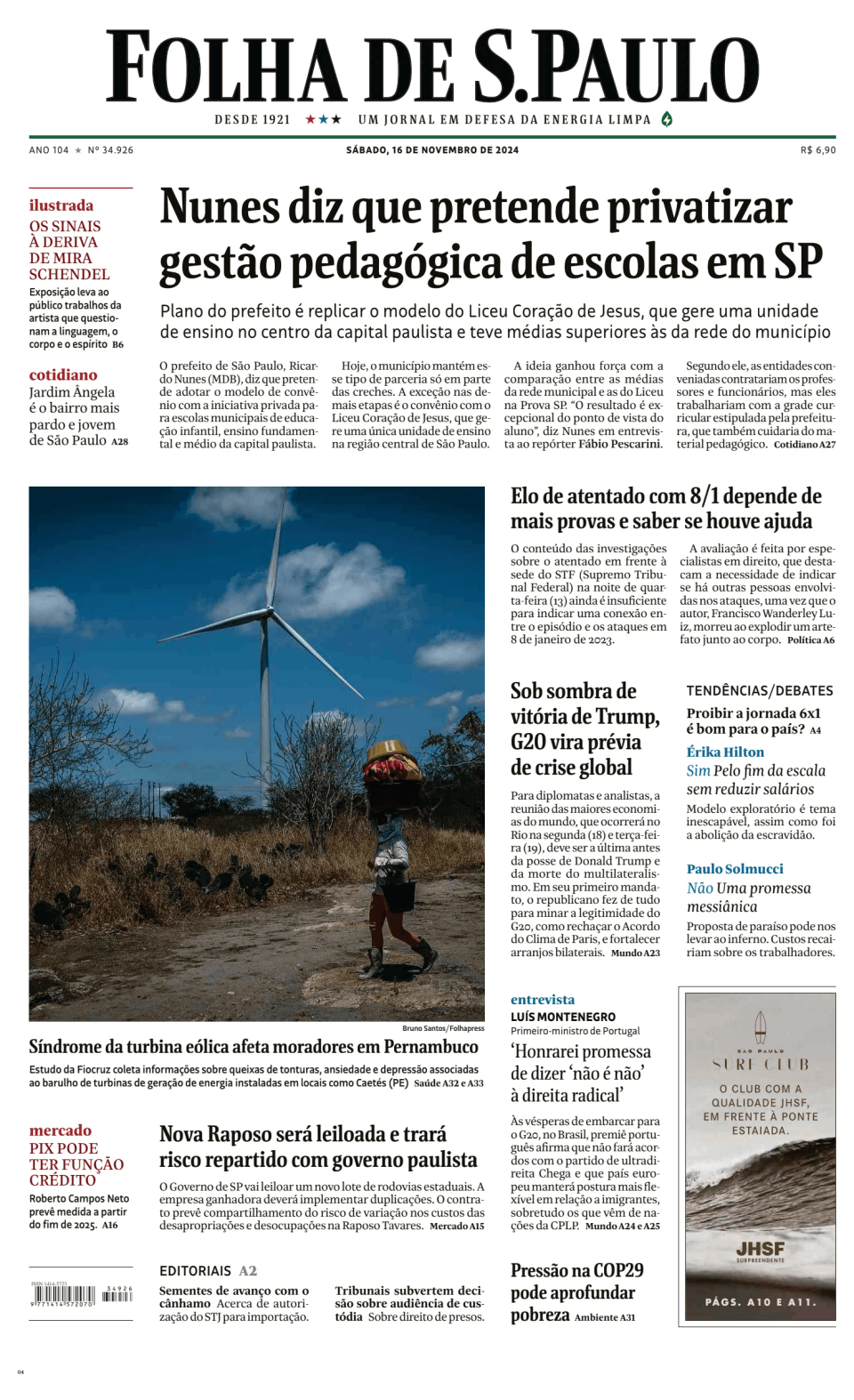 Prima-pagina-Folha-de-S-Paulo-oggi-edizione-di-oggi-20241116