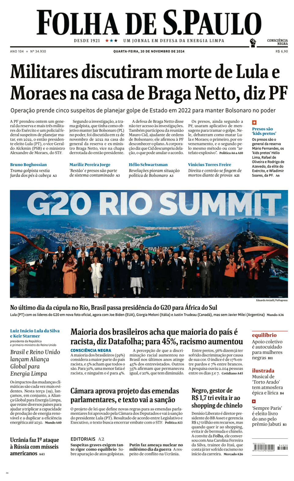 Prima-pagina-Folha-de-S-Paulo-oggi-edizione-di-oggi-20241120