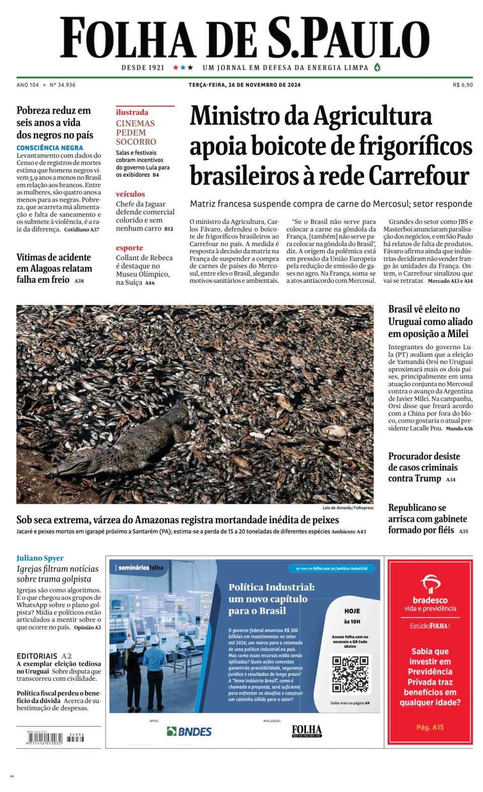 Prima-pagina-Folha-de-S-Paulo-oggi-edizione-di-oggi-20241126