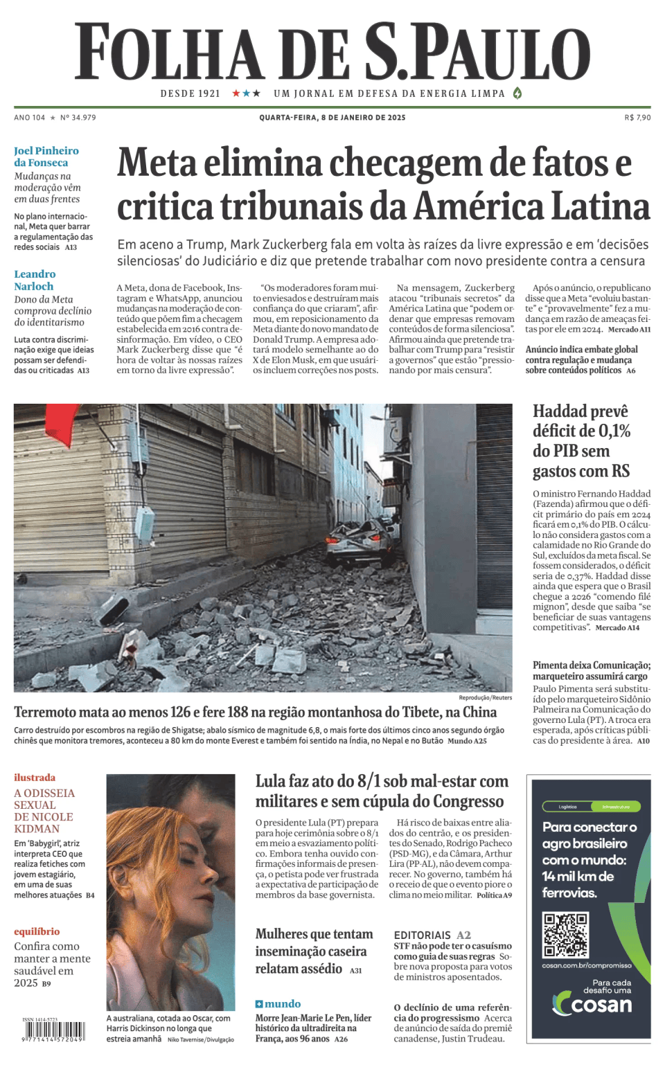 Prima-pagina-Folha-de-S-Paulo-oggi-edizione-di-oggi-20250108