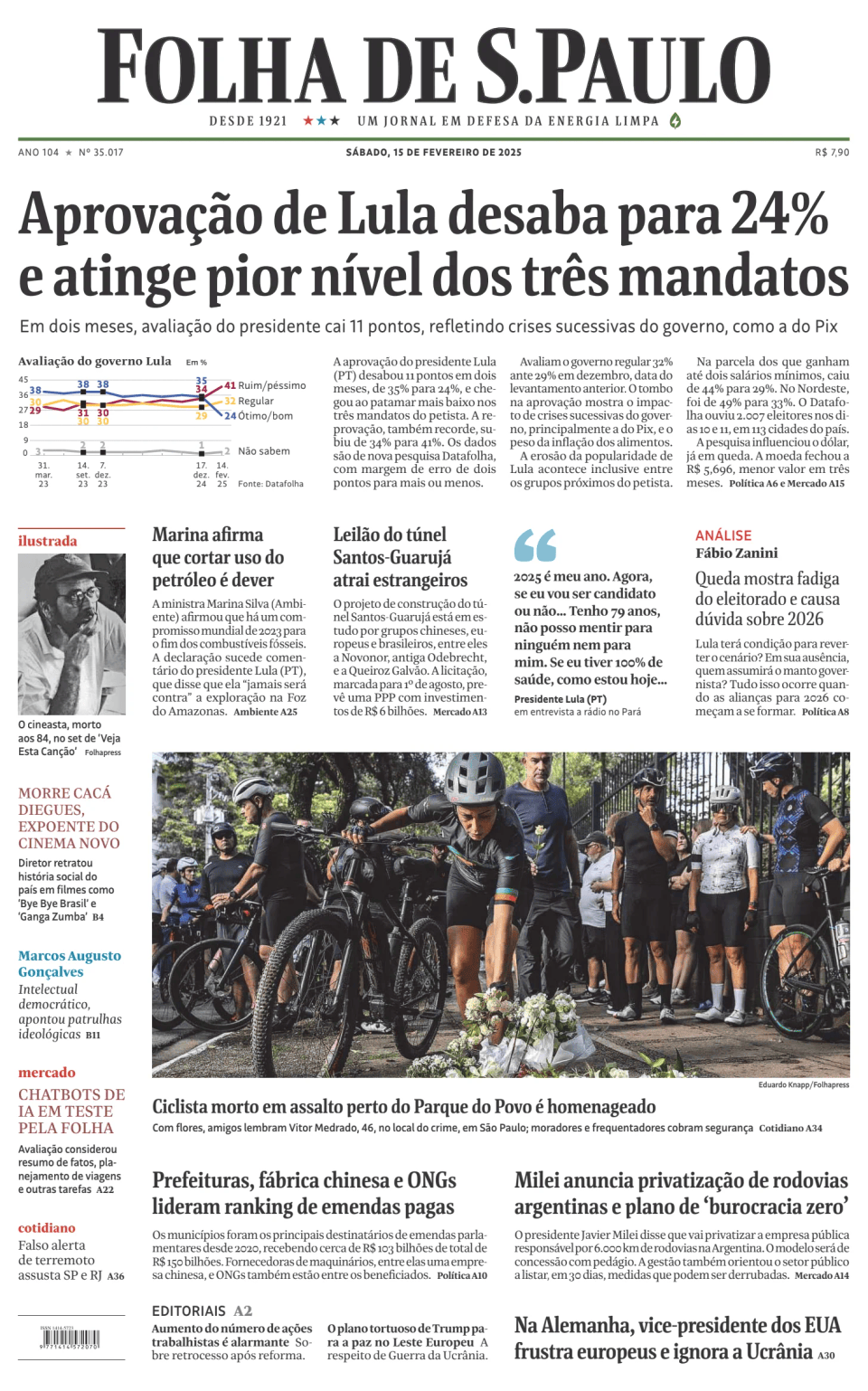 Prima-pagina-Folha-de-S-Paulo-oggi-edizione-di-oggi-20250215