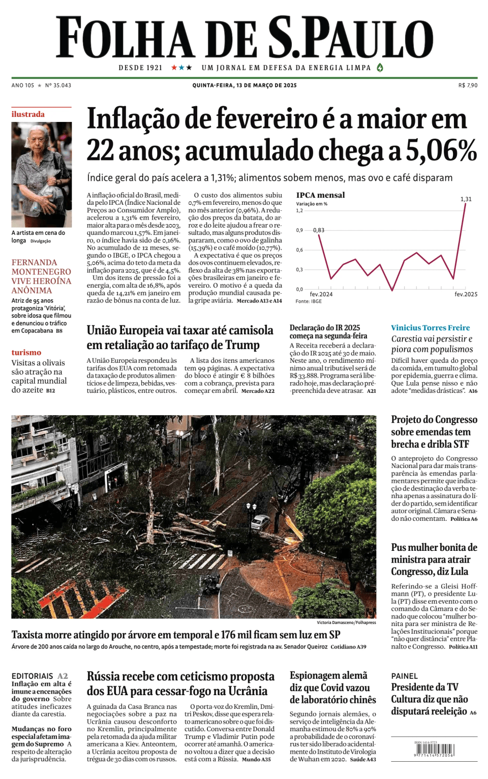 Prima-pagina-Folha-de-S-Paulo-oggi-edizione-di-oggi-20250313