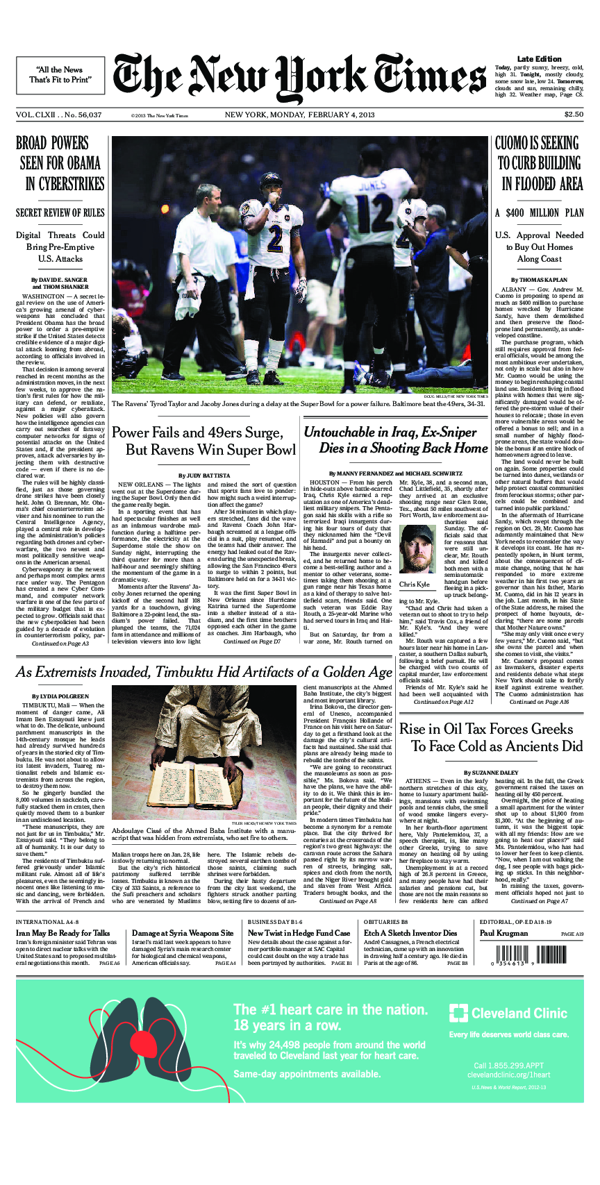 Prima-pagina-New-York-Times-del-2013-02-04