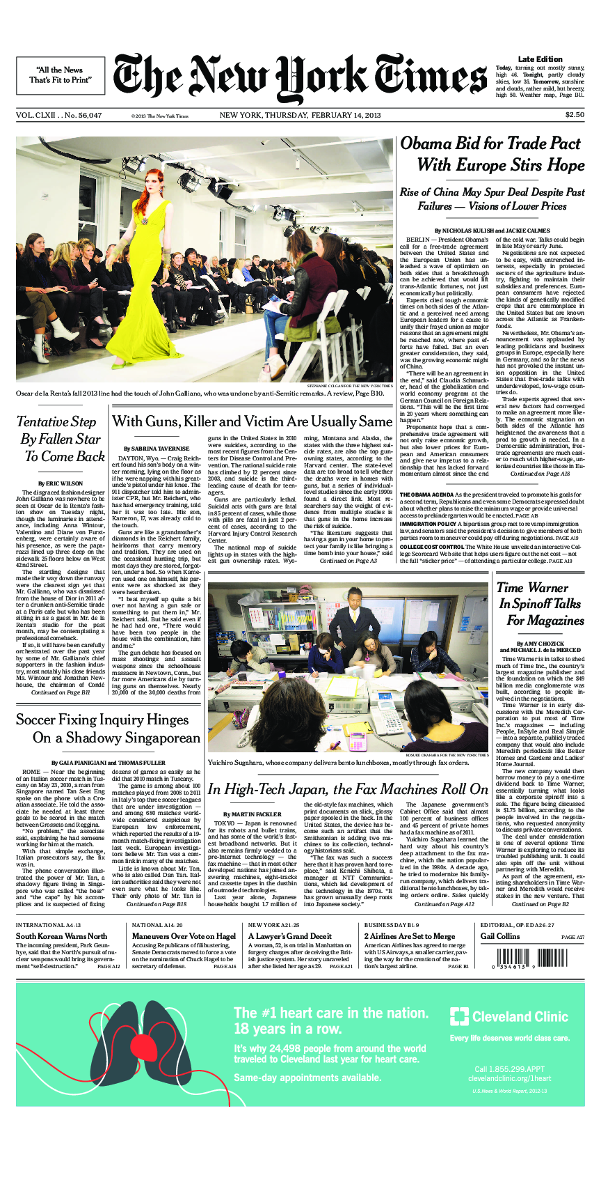 Prima-pagina-New-York-Times-del-2013-02-14