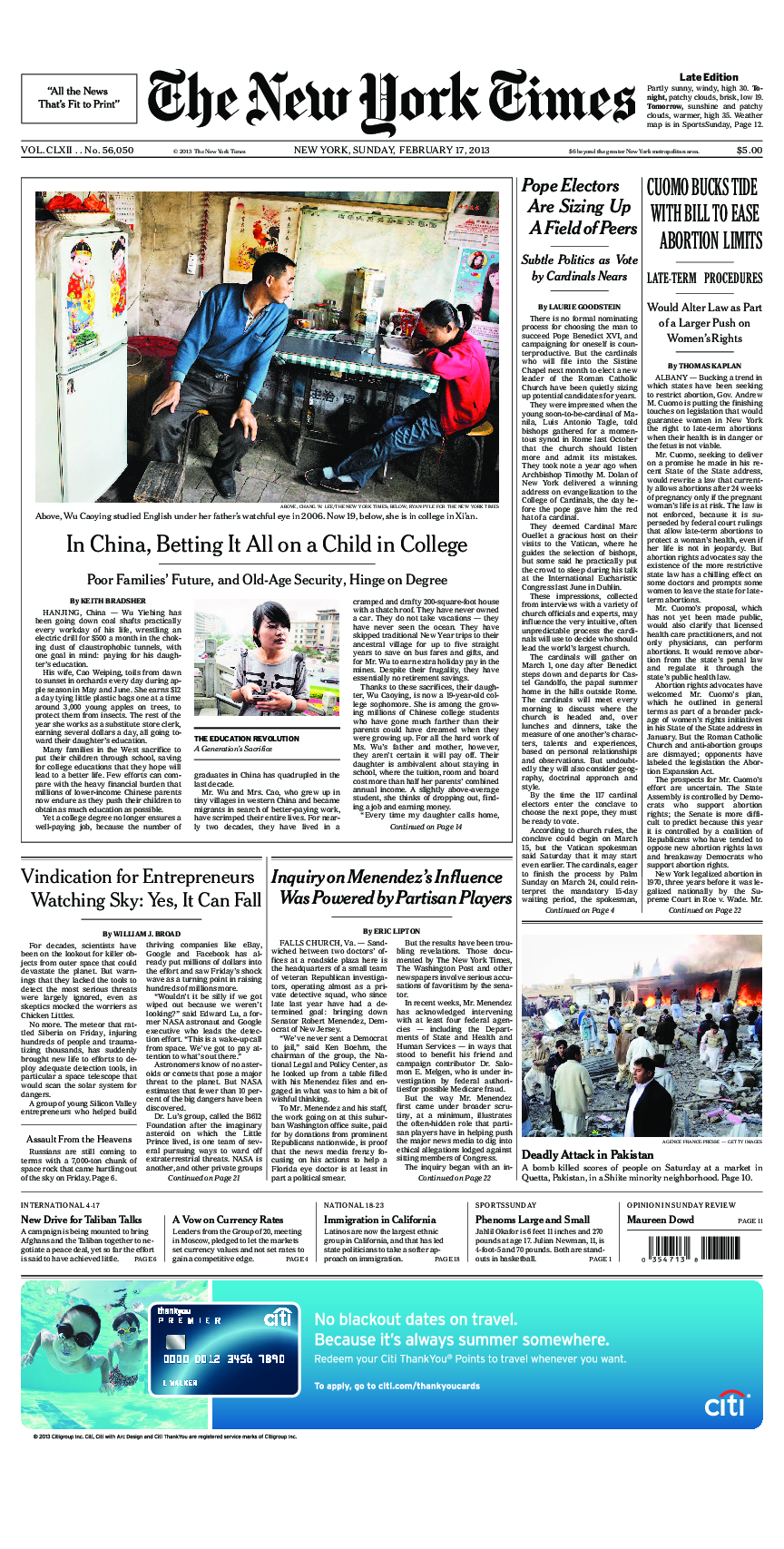 Prima-pagina-New-York-Times-del-2013-02-17