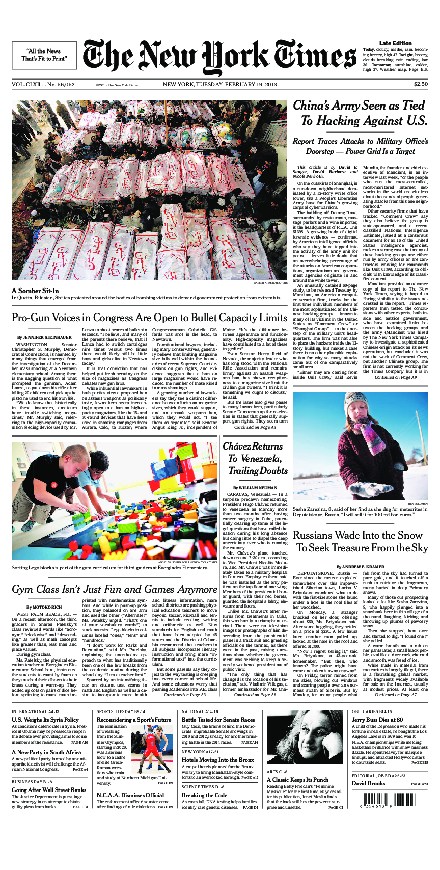 Prima-pagina-New-York-Times-del-2013-02-19