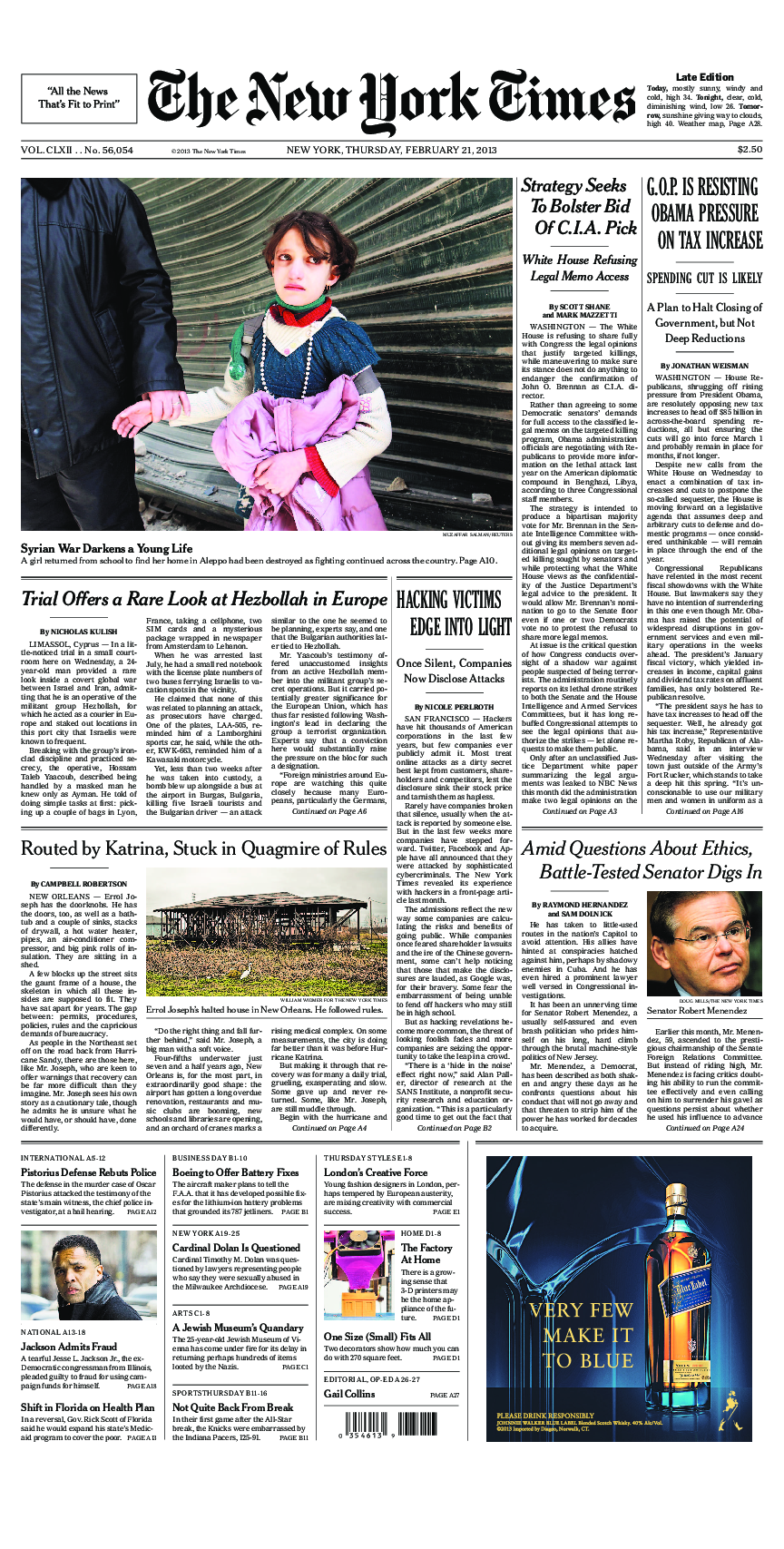 Prima-pagina-New-York-Times-del-2013-02-21