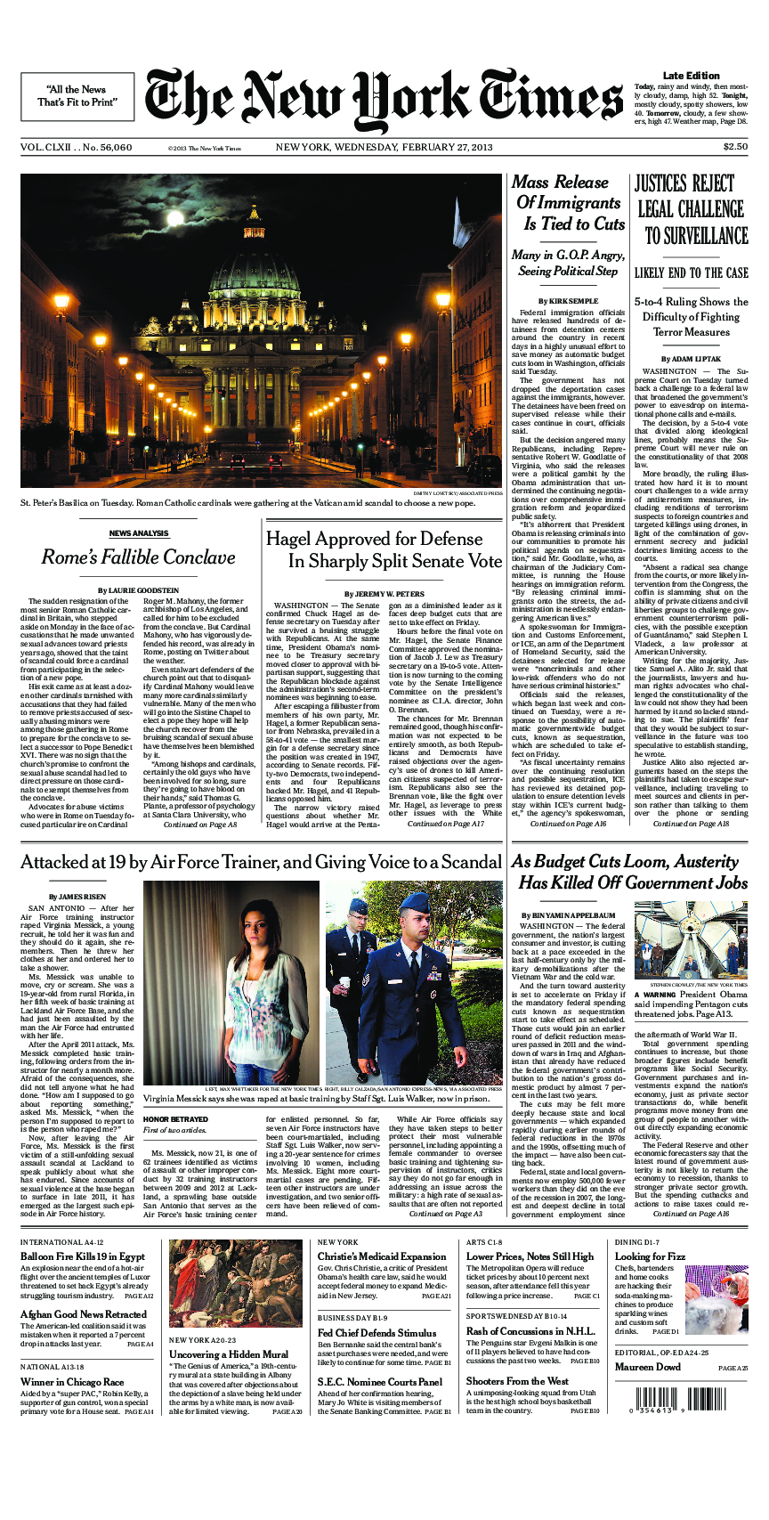 Prima-pagina-New-York-Times-del-2013-02-27