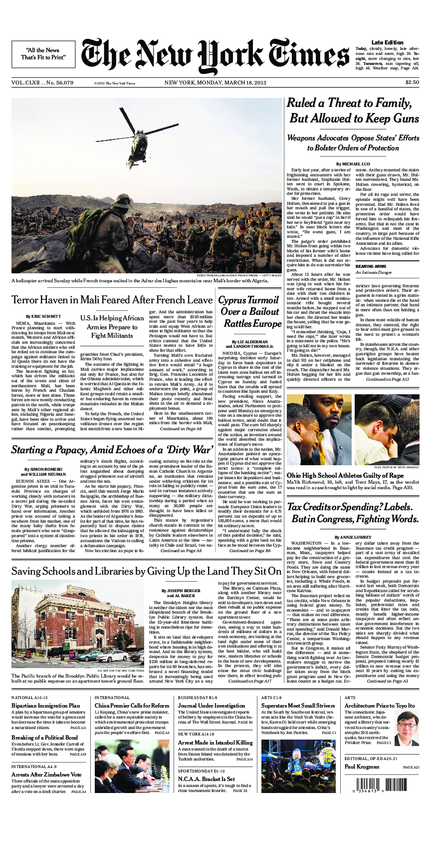 Prima-pagina-New-York-Times-del-2013-03-18