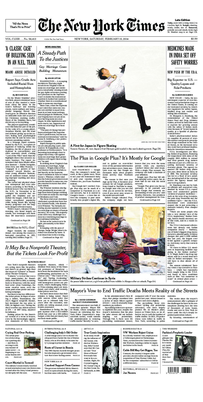 Prima-pagina-New-York-Times-del-2014-02-15