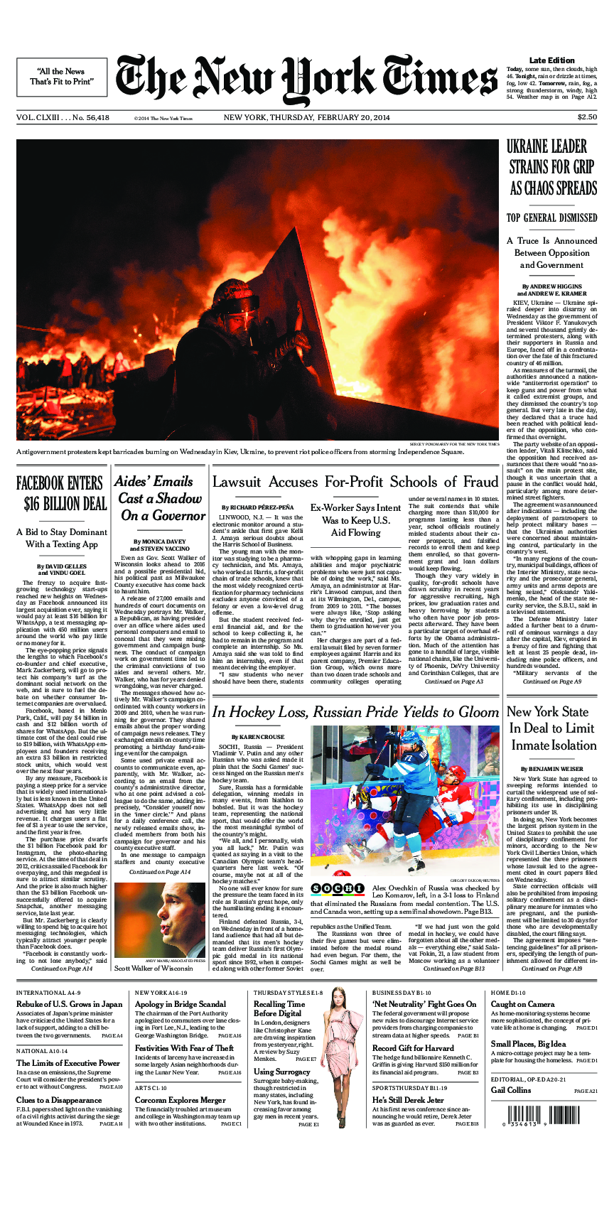 Prima-pagina-New-York-Times-del-2014-02-20