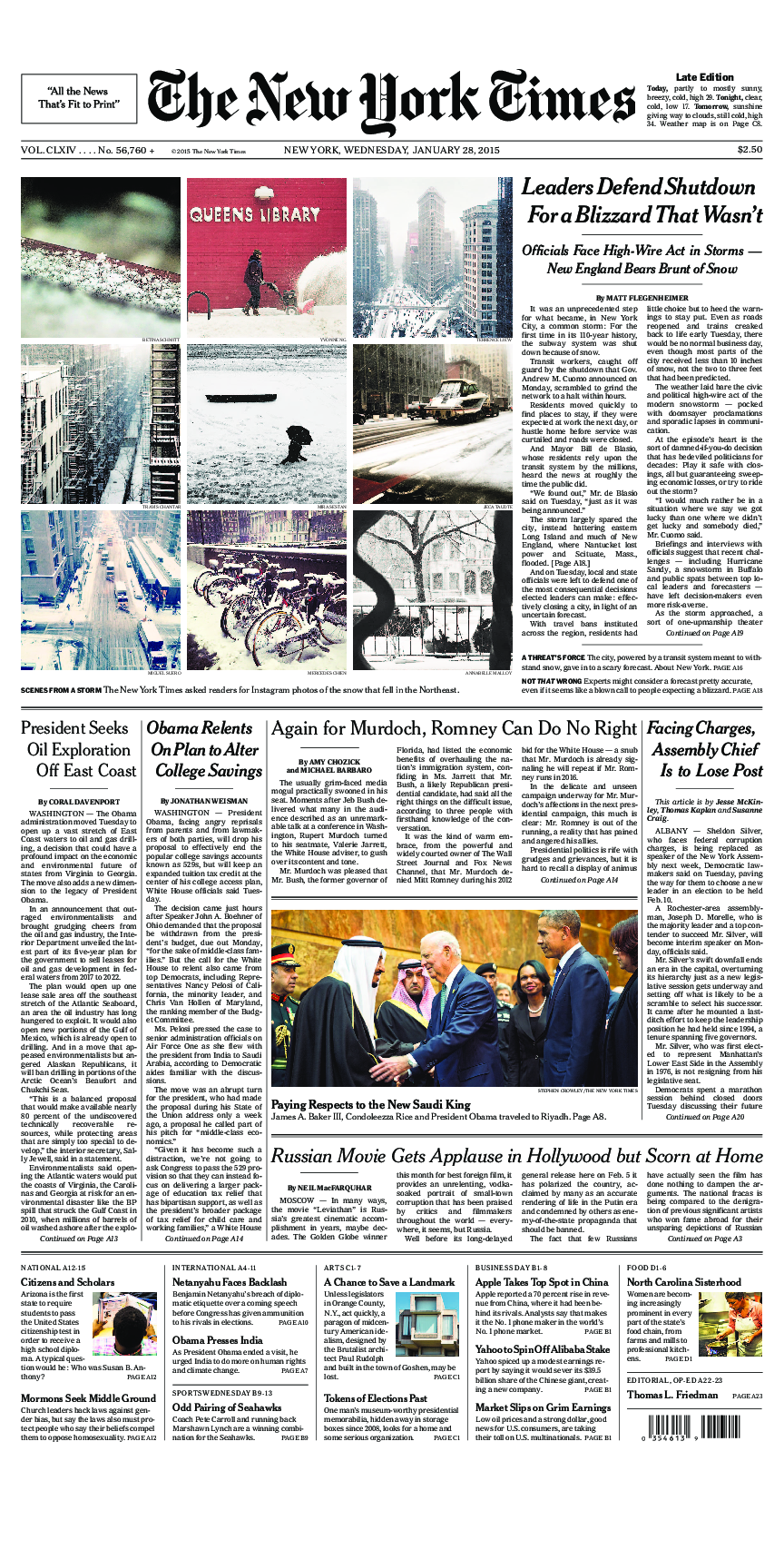 Prima-pagina-New-York-Times-del-2015-01-28