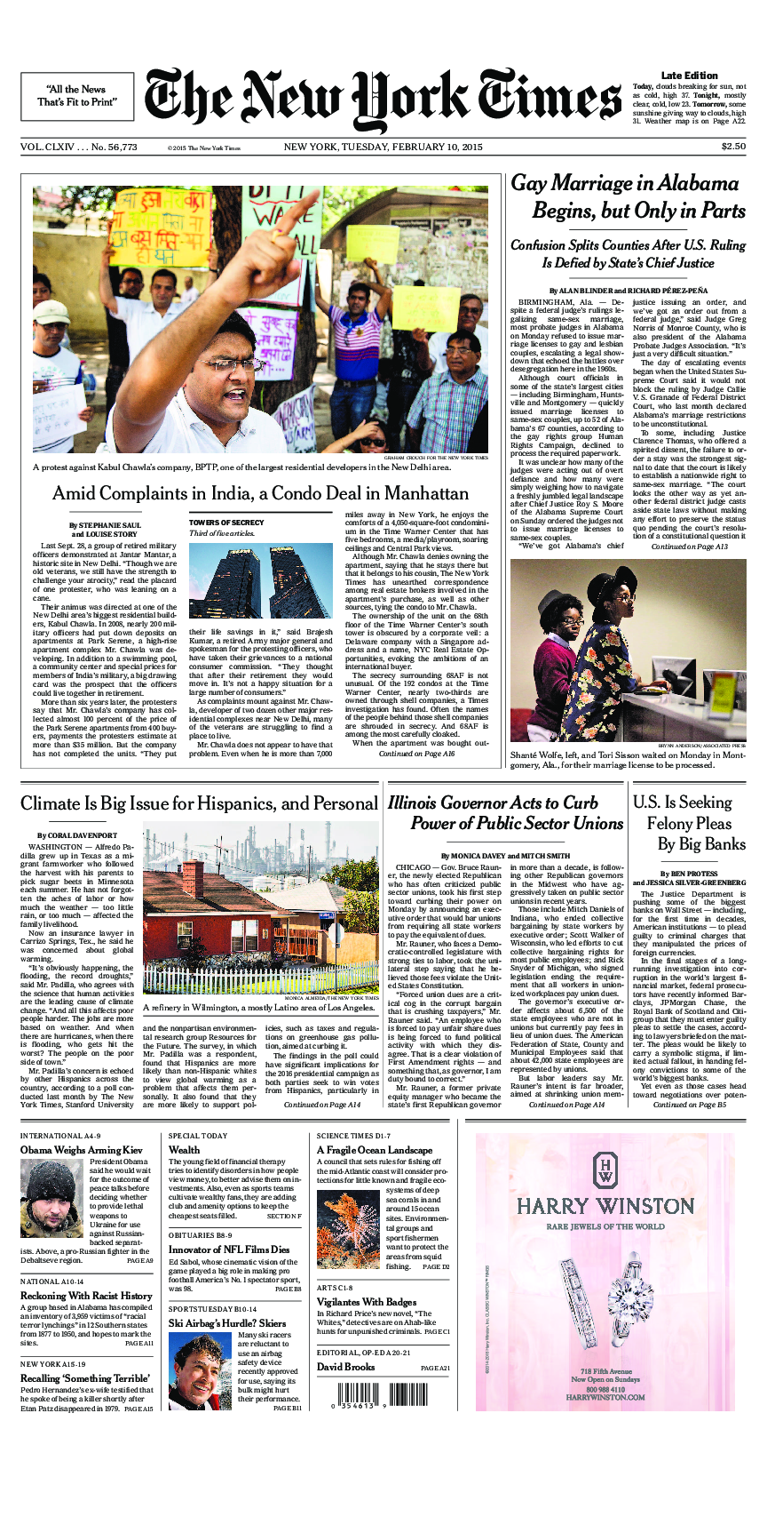 Prima-pagina-New-York-Times-del-2015-02-10