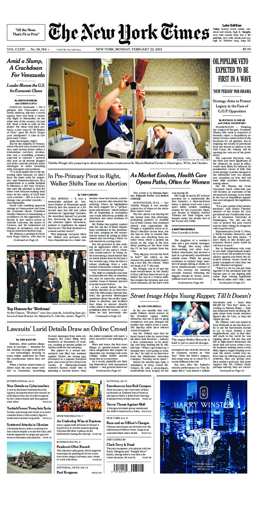 Prima-pagina-New-York-Times-del-2015-02-23