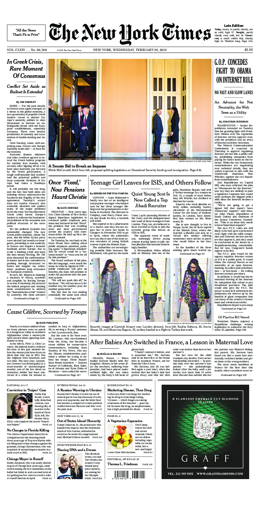 Prima-pagina-New-York-Times-del-2015-02-25