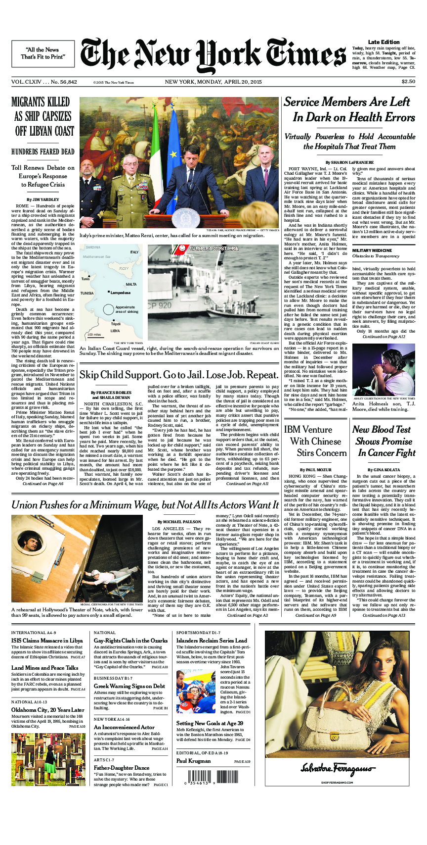 Prima-pagina-New-York-Times-del-2015-04-20