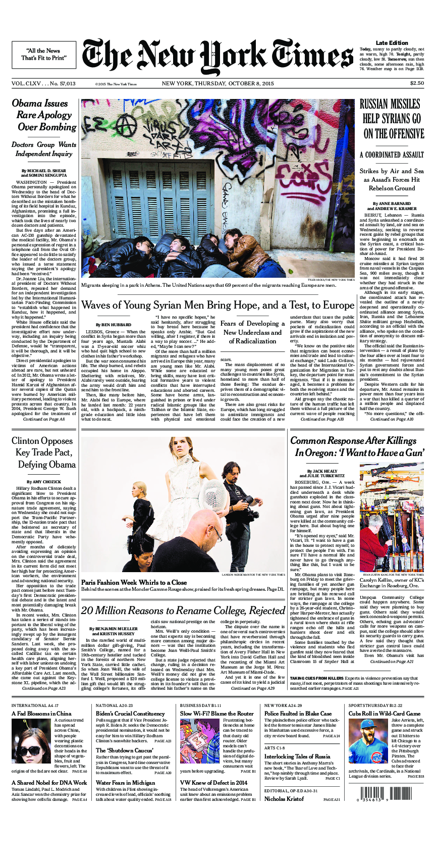 Prima-pagina-New-York-Times-del-2015-10-08