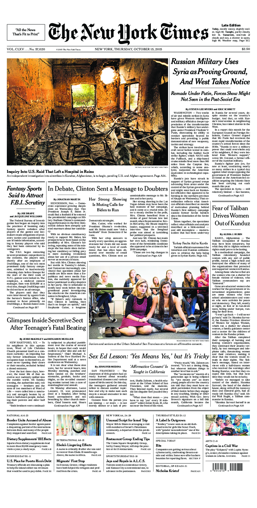 Prima-pagina-New-York-Times-del-2015-10-15