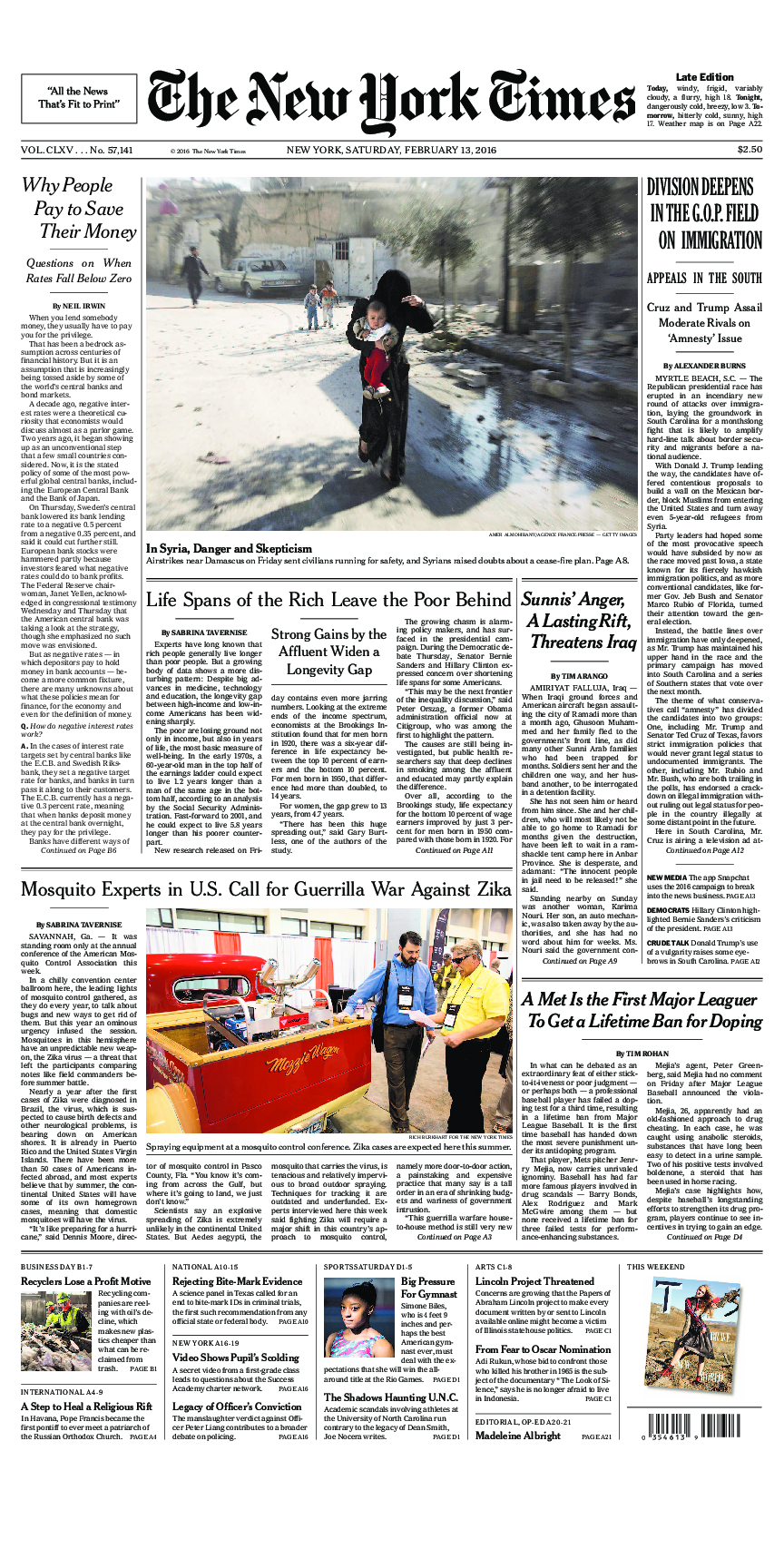 Prima-pagina-New-York-Times-del-2016-02-13