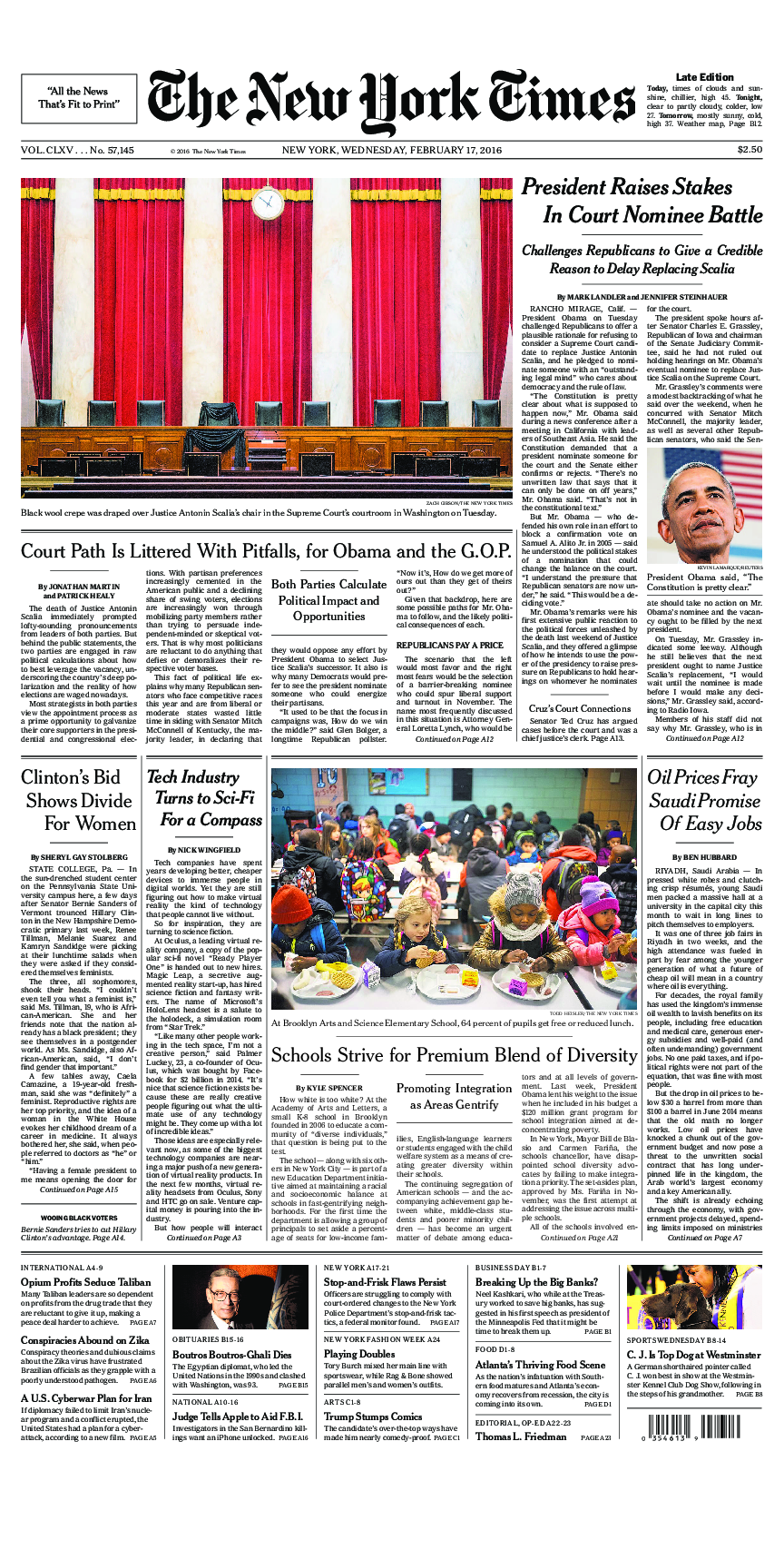 Prima-pagina-New-York-Times-del-2016-02-17