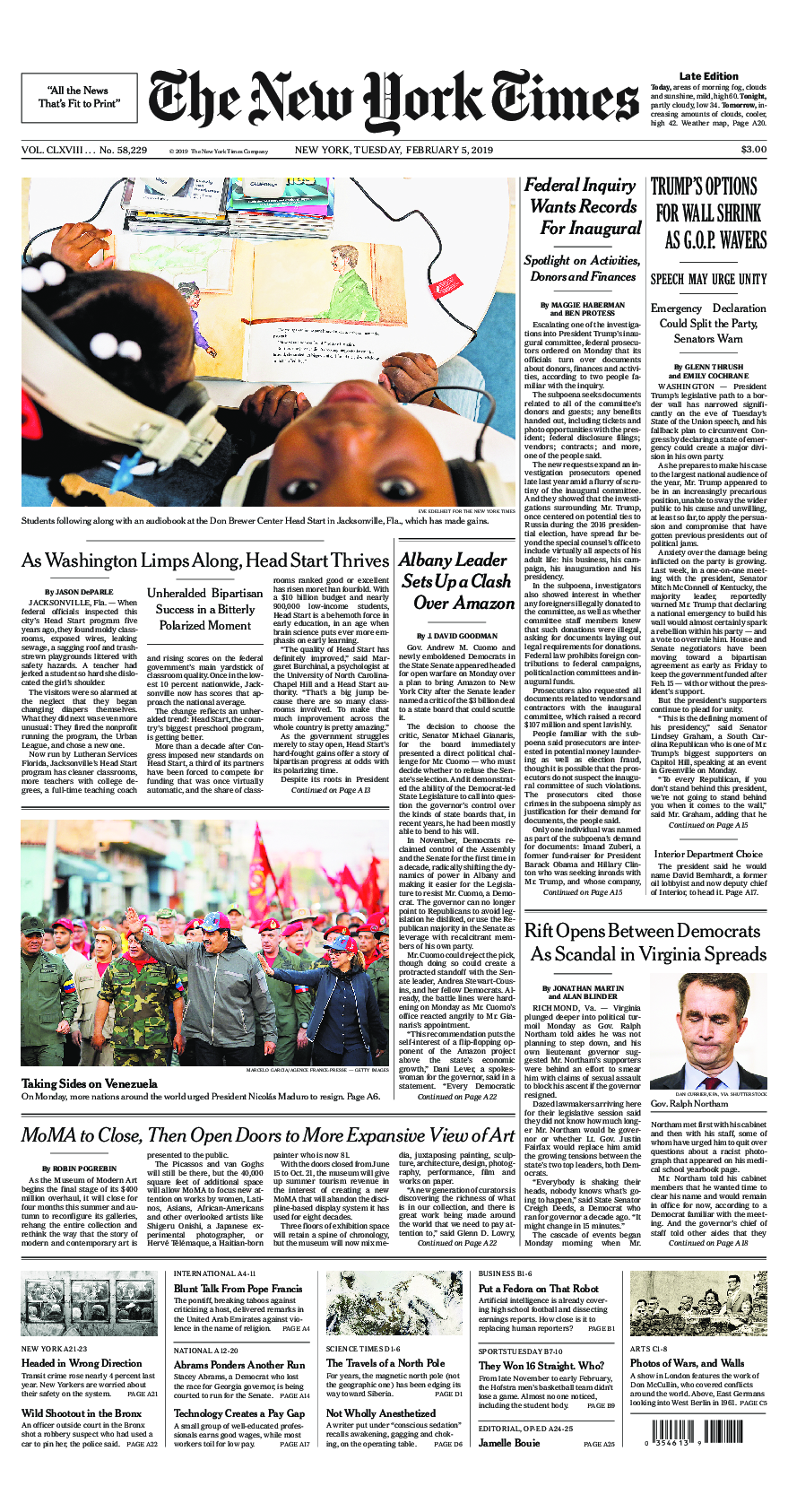 Prima-pagina-New-York-Times-del-2019-02-05