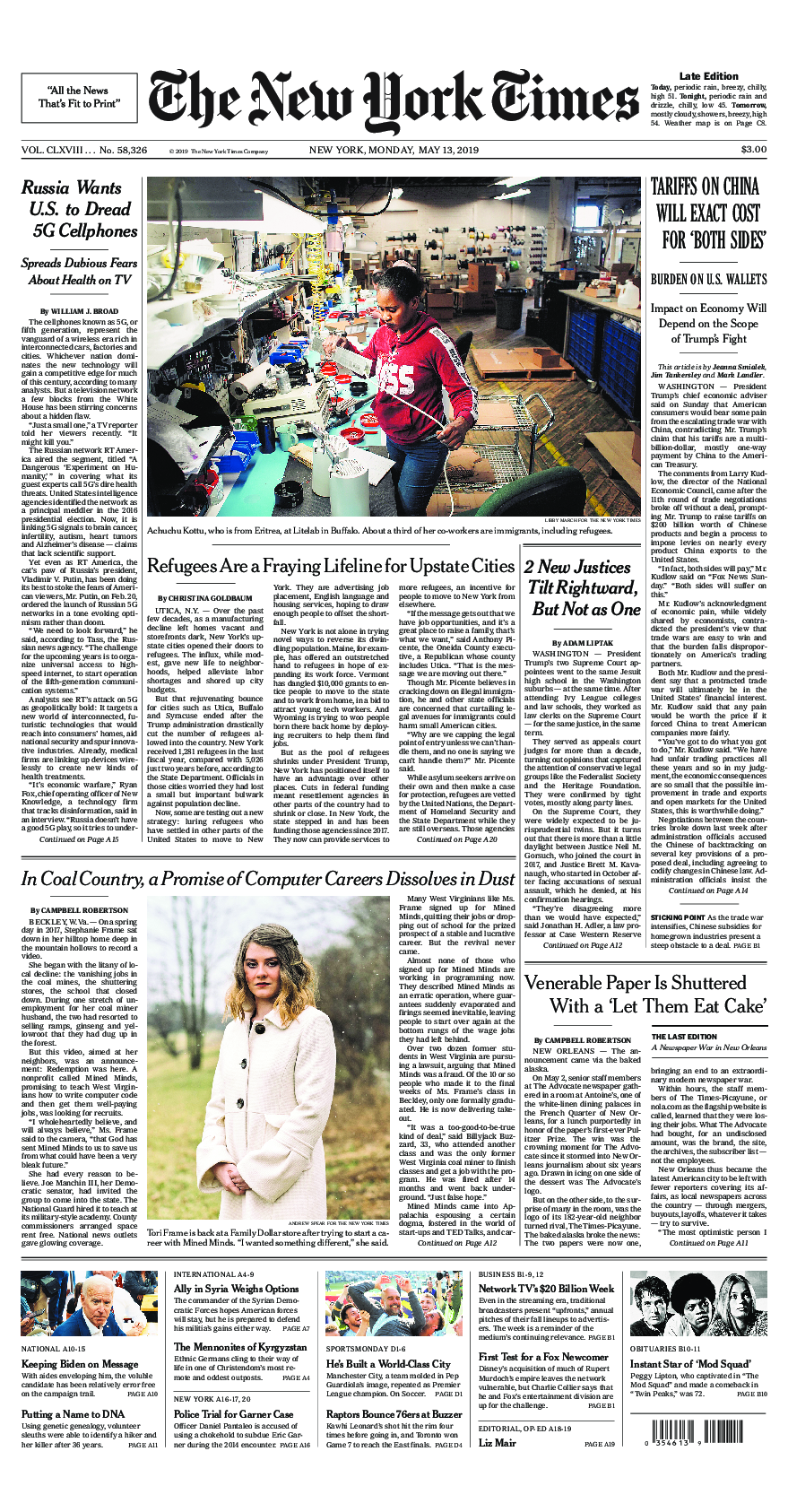 Prima-pagina-New-York-Times-del-2019-05-13