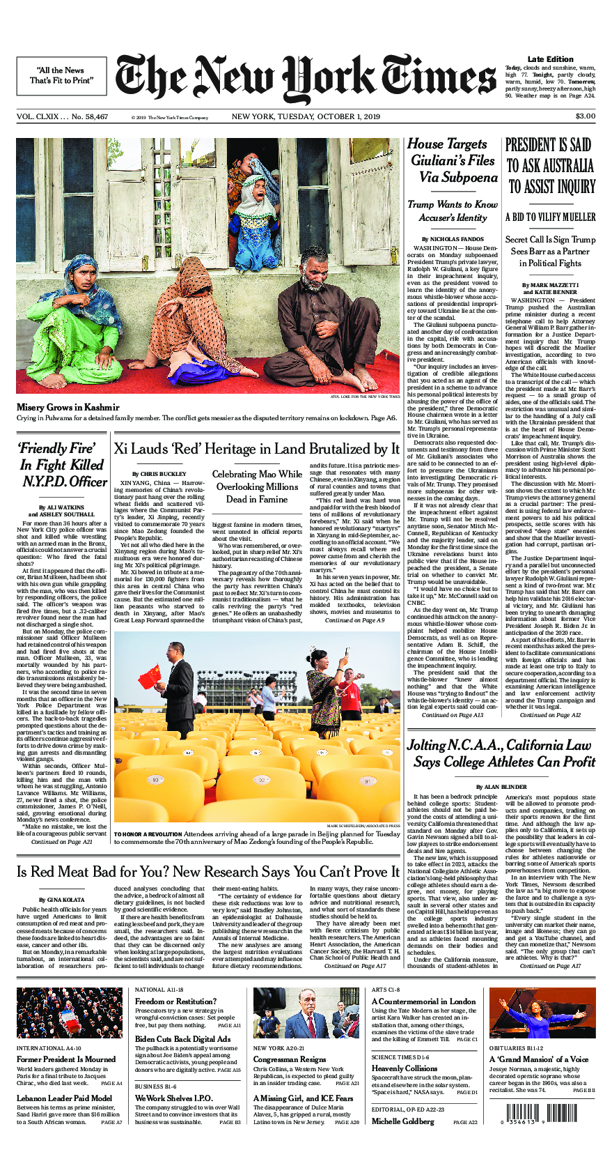 Prima-pagina-New-York-Times-del-2019-10-01