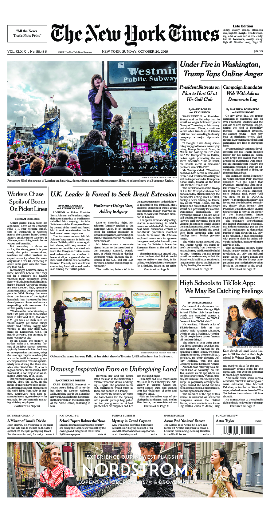 Prima-pagina-New-York-Times-del-2019-10-20