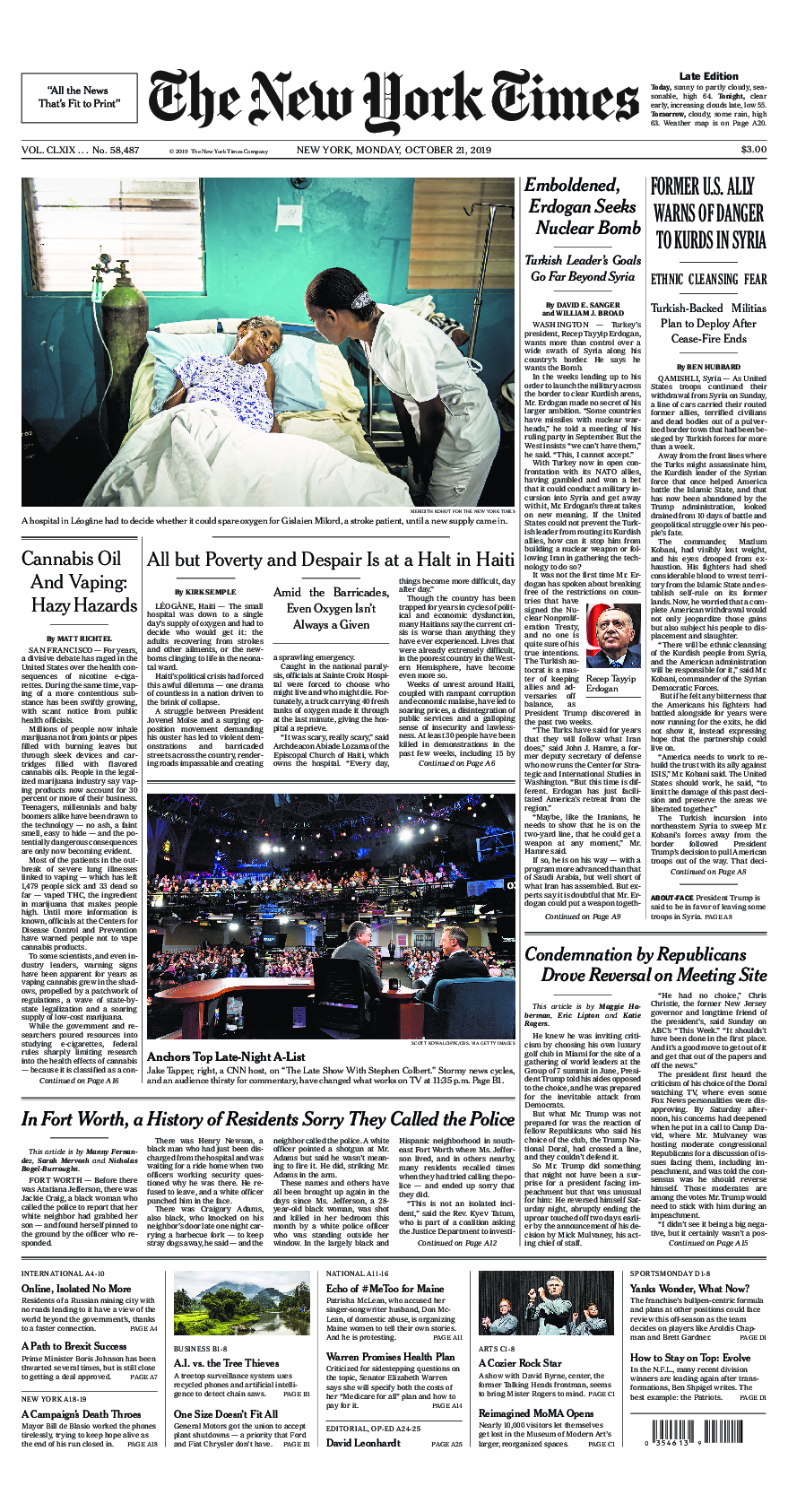 Prima-pagina-New-York-Times-del-2019-10-21