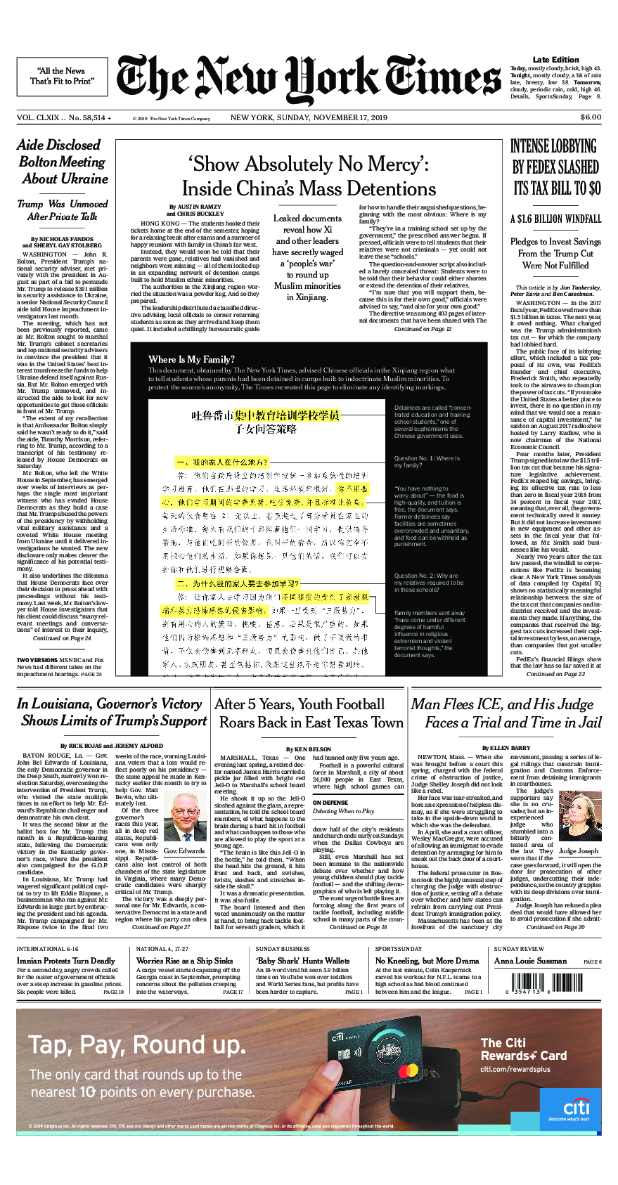 Prima-pagina-New-York-Times-del-2019-11-17