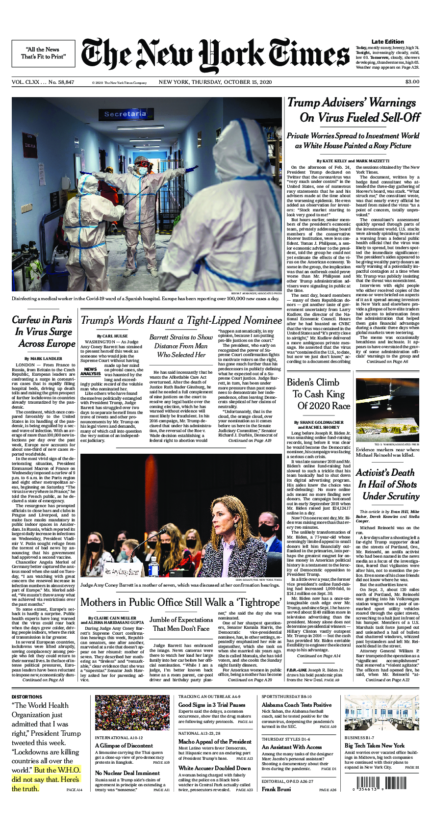 Prima-pagina-New-York-Times-del-2020-10-15