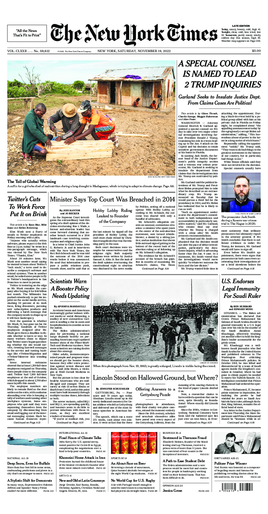 Prima-pagina-New-York-Times-del-2022-11-19