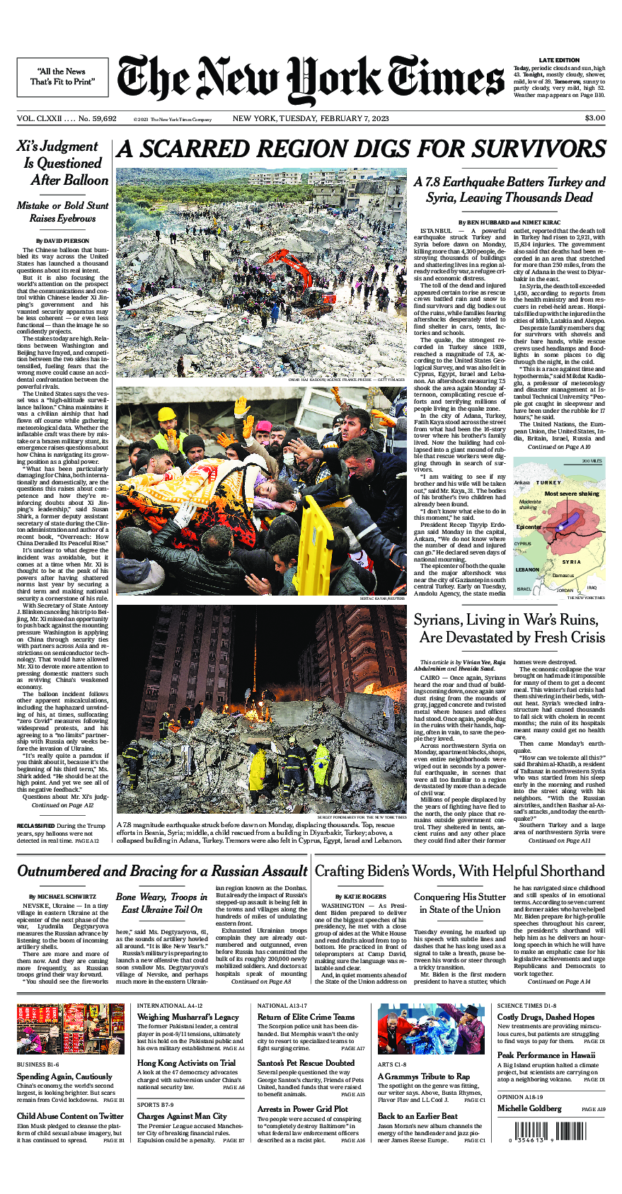 Prima-pagina-New-York-Times-del-2023-02-07