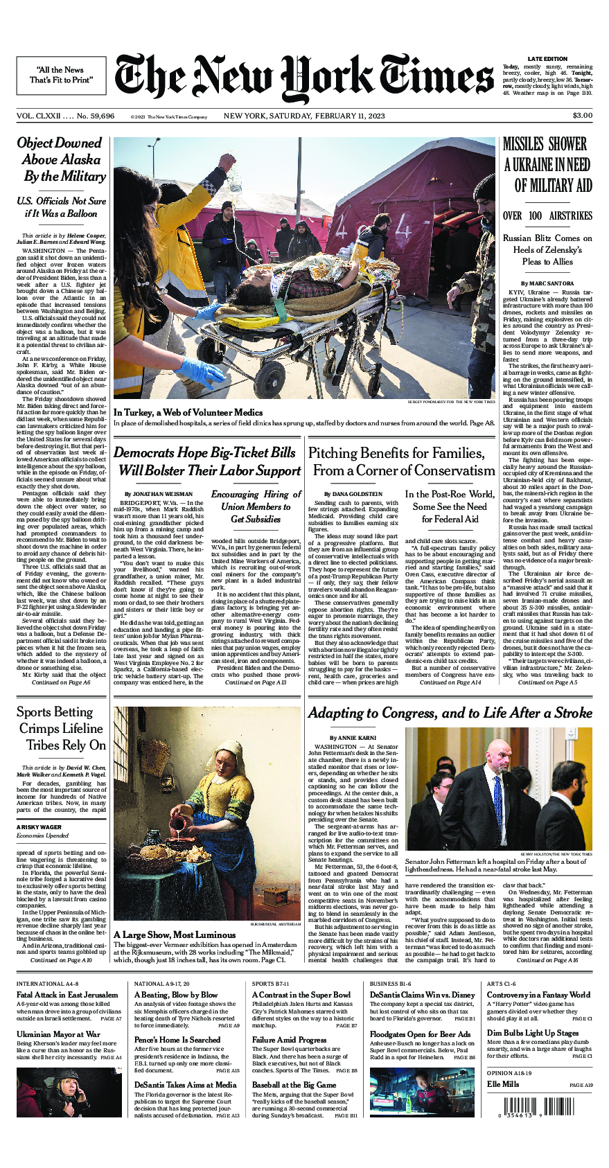 Prima-pagina-New-York-Times-del-2023-02-11