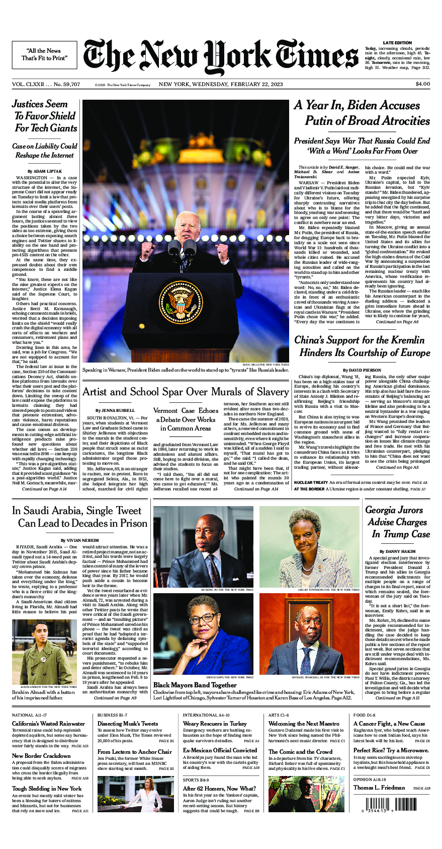 Prima-pagina-New-York-Times-del-2023-02-22