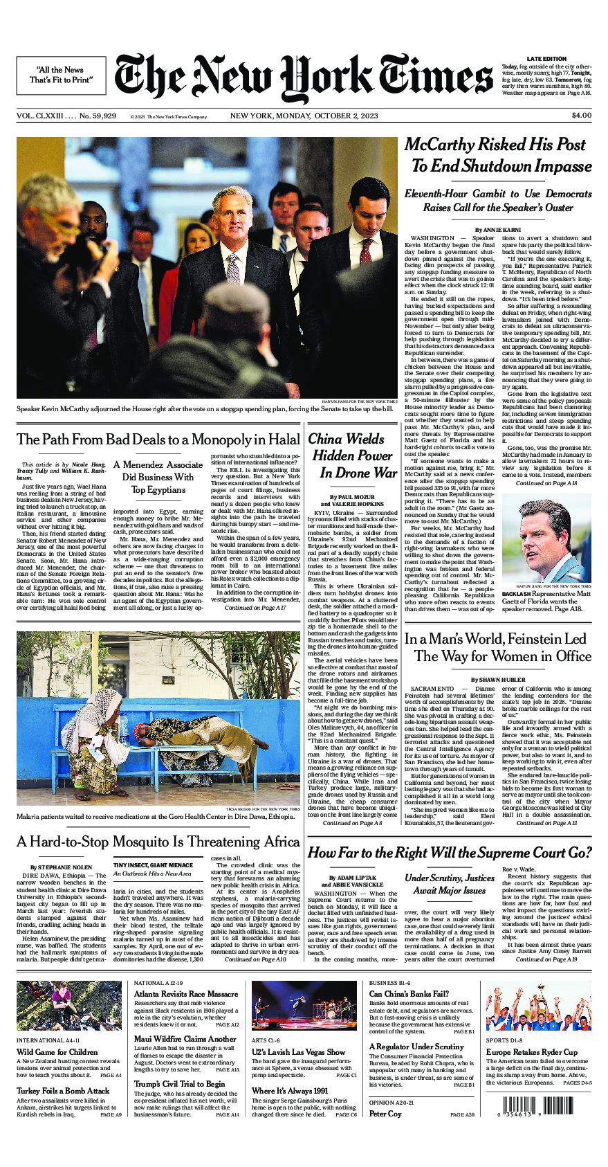 Prima-pagina-New-York-Times-del-2023-10-02