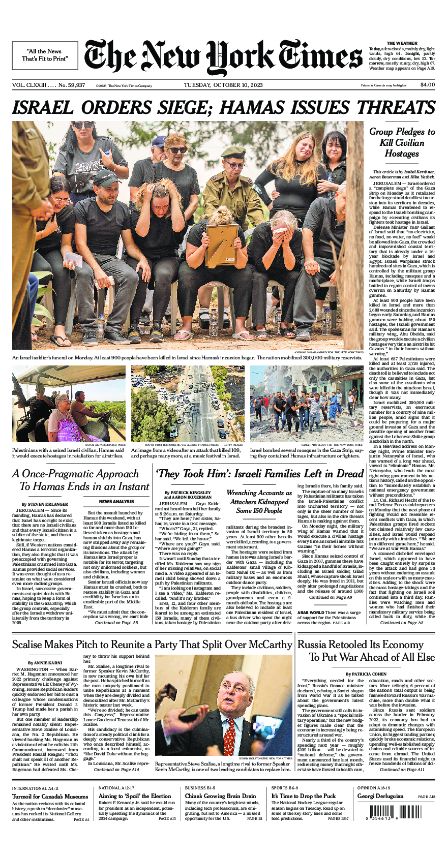 Prima-pagina-New-York-Times-del-2023-10-10