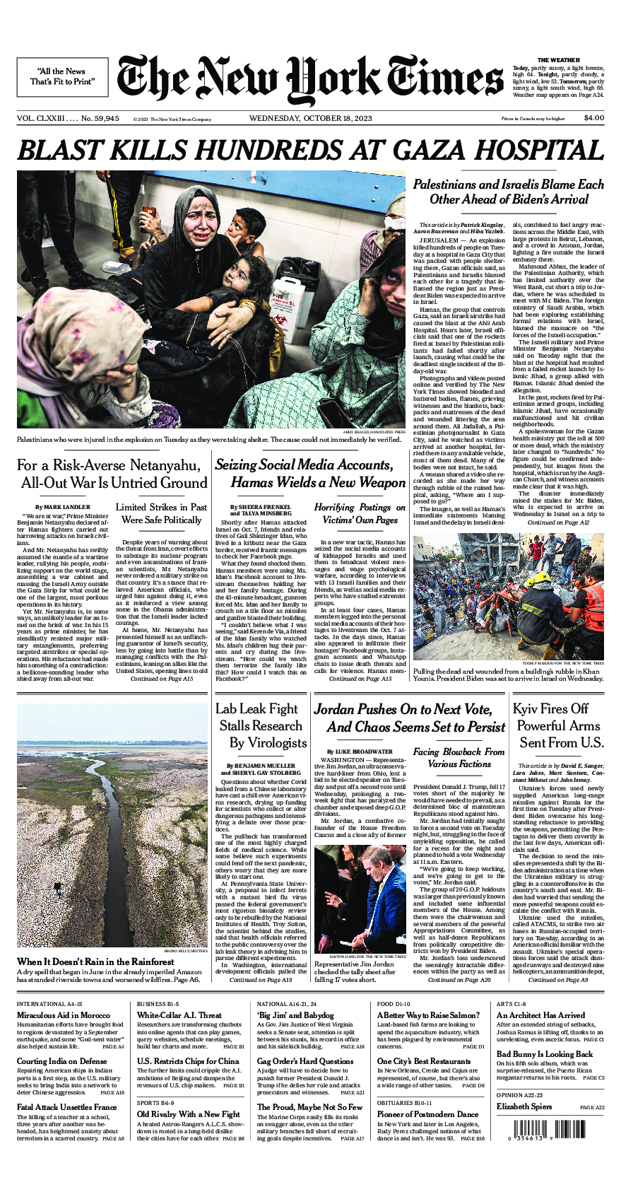 Prima-pagina-New-York-Times-del-2023-10-18