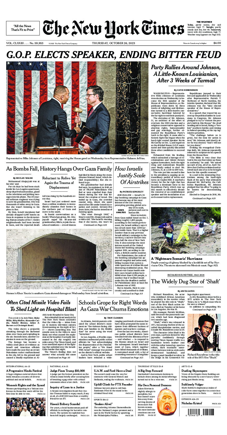 Prima-pagina-New-York-Times-del-2023-10-26